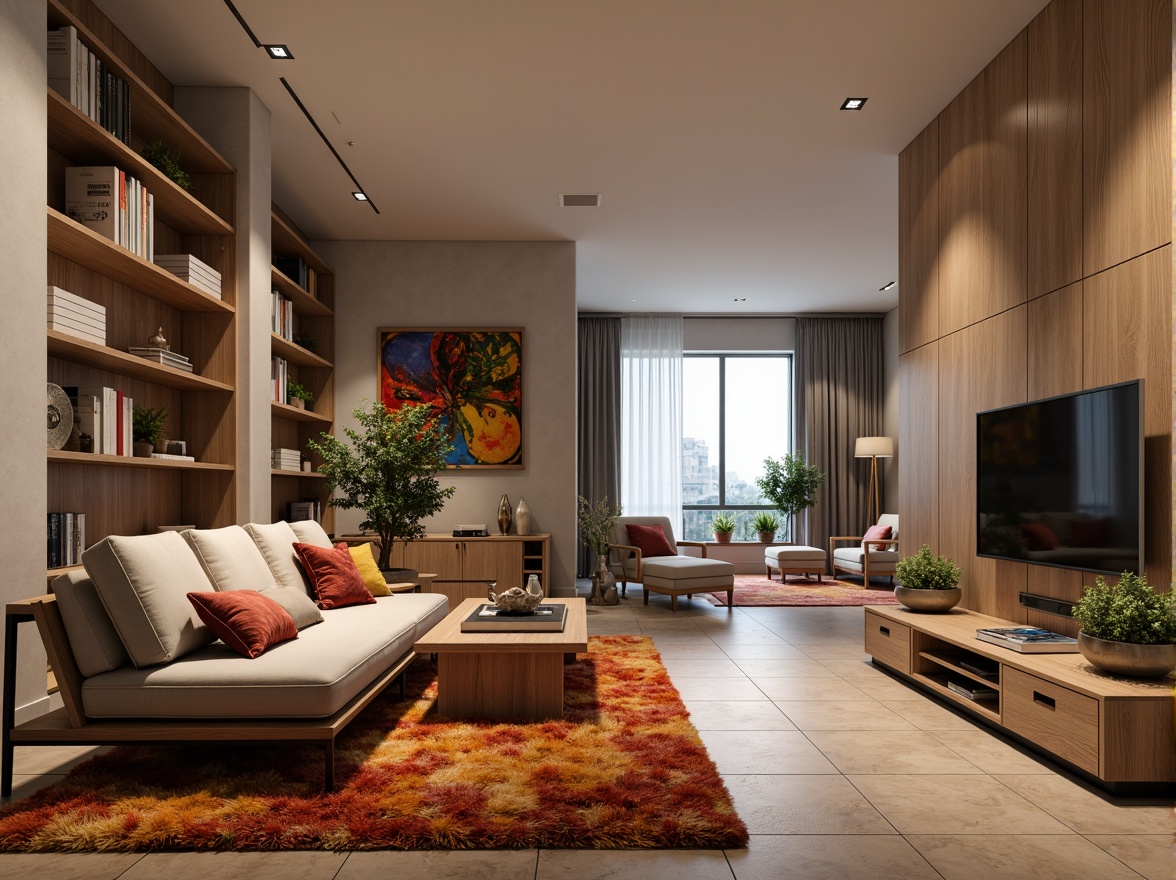 Prompt: Modern living room, sleek furniture, minimalist decor, functional layout, optimized storage spaces, multi-functional shelves, comfortable seating areas, ambient lighting, natural wood accents, plush carpets, vibrant artwork, stylish vases, 3/4 composition, shallow depth of field, warm color palette, cozy atmosphere, soft focus, realistic textures.