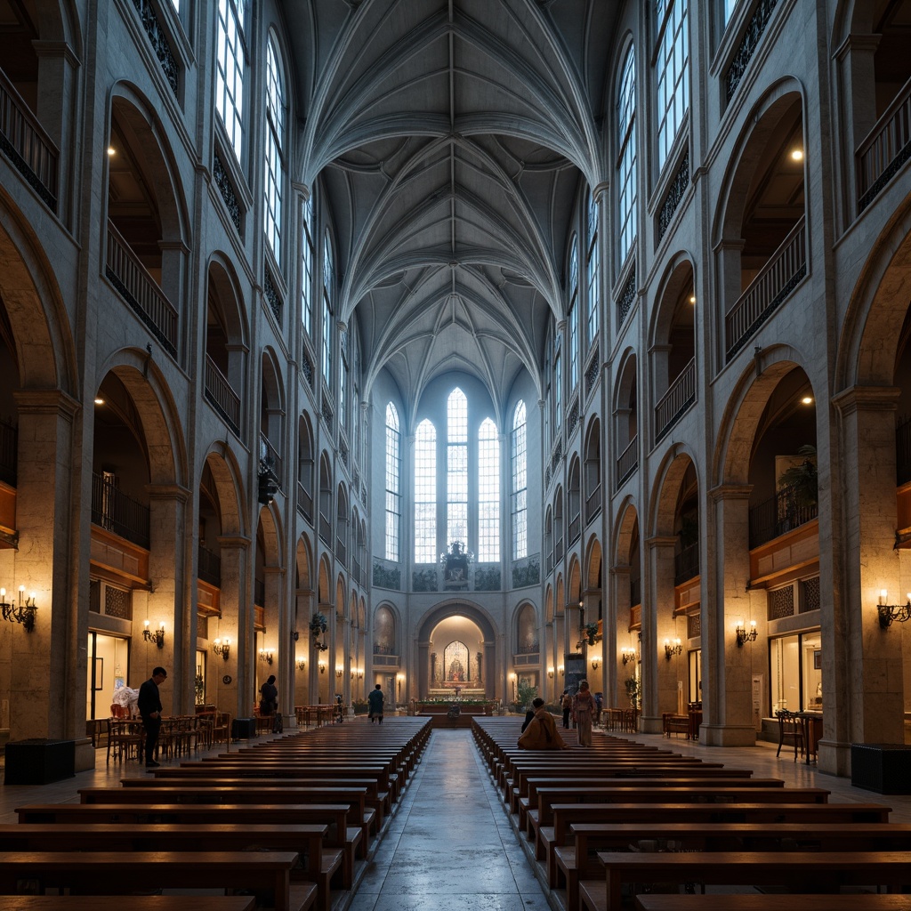 Prompt: Grandiose cathedral, soaring vaulted ceilings, intricate stone carvings, stunning stained glass windows, eco-friendly limestone walls, recycled metal embellishments, sustainable hardwood floors, minimalist modern furnishings, ambient natural lighting, warm candlelight glow, mystical atmosphere, foggy misty mornings, dramatic shadows, 1/1 composition, realistic textures, subtle color palette, historic preservation.