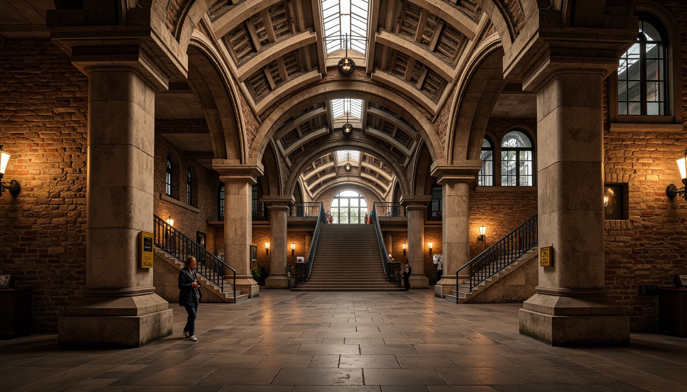 Prompt: Rustic underground metro station, vaulted ceilings, robust stone columns, intricate arches, ornate carvings, distressed brick walls, weathered stonework, grand entrance halls, sweeping staircases, ornamental ironwork, vintage lighting fixtures, earthy color palette, warm atmospheric lighting, shallow depth of field, 1/1 composition, realistic textures, ambient occlusion.