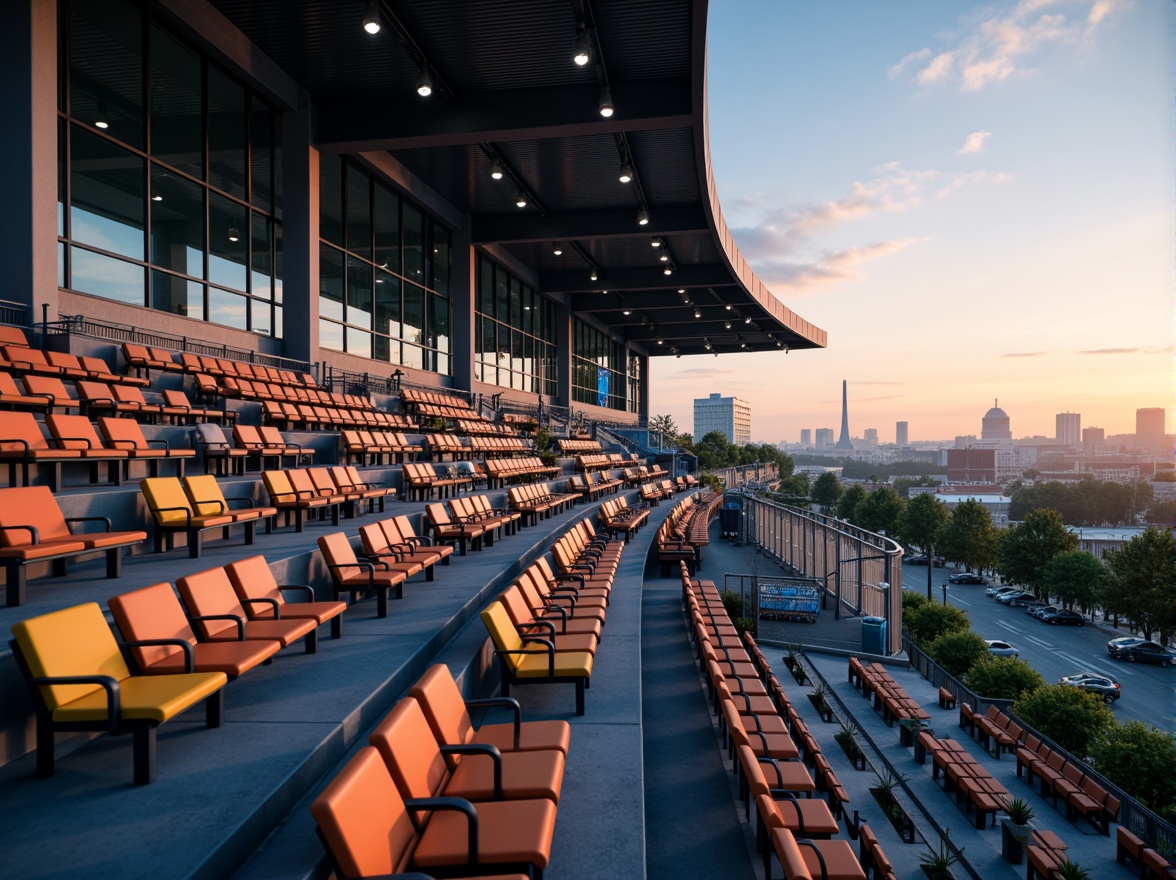 Prompt: Curved grandstand, tiered seating, vibrant colored chairs, ergonomic design, stainless steel handrails, polished concrete floors, dynamic lighting systems, atmospheric fog effects, panoramic city views, evening sunset ambiance, soft warm glow, shallow depth of field, 1/1 composition, realistic reflections, ambient occlusion.