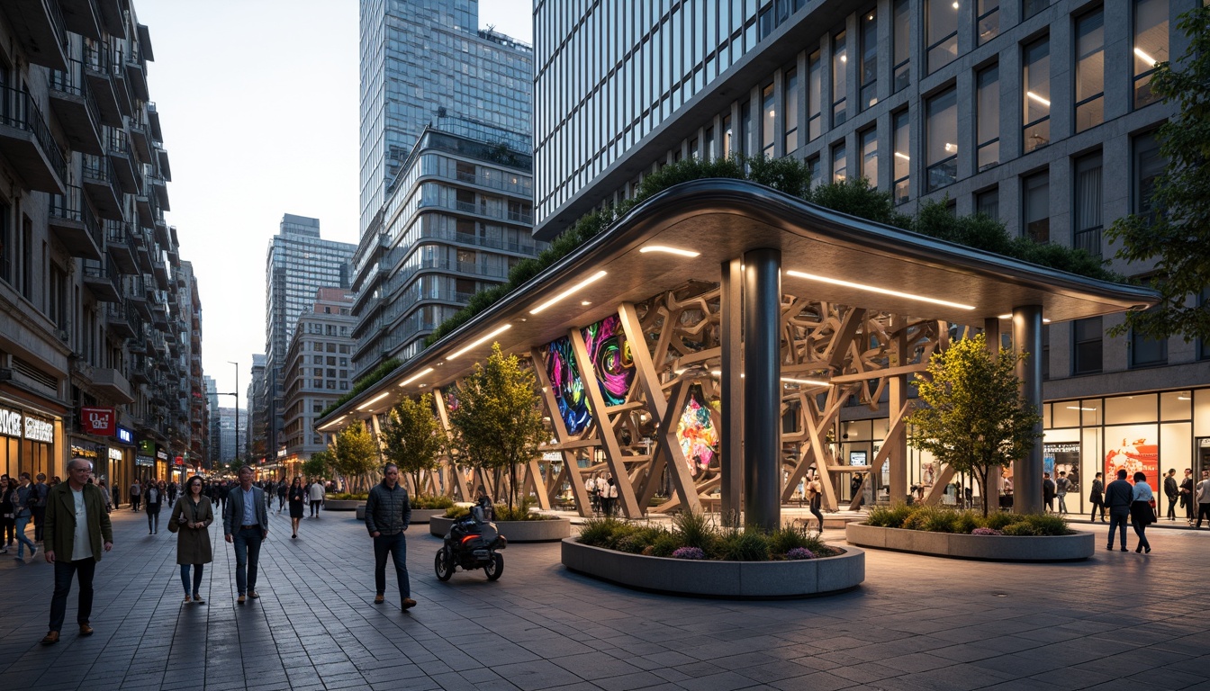 Prompt: Futuristic tram station, sleek metallic fa\u00e7ade, dynamic LED lighting, curved glass roof, modern angular lines, sustainable energy harvesting systems, green roofs, eco-friendly materials, vibrant colorful urban art, intricate geometric patterns, bustling cityscape, busy streets, morning rush hour, soft warm lighting, shallow depth of field, 3/4 composition, panoramic view, realistic textures, ambient occlusion.