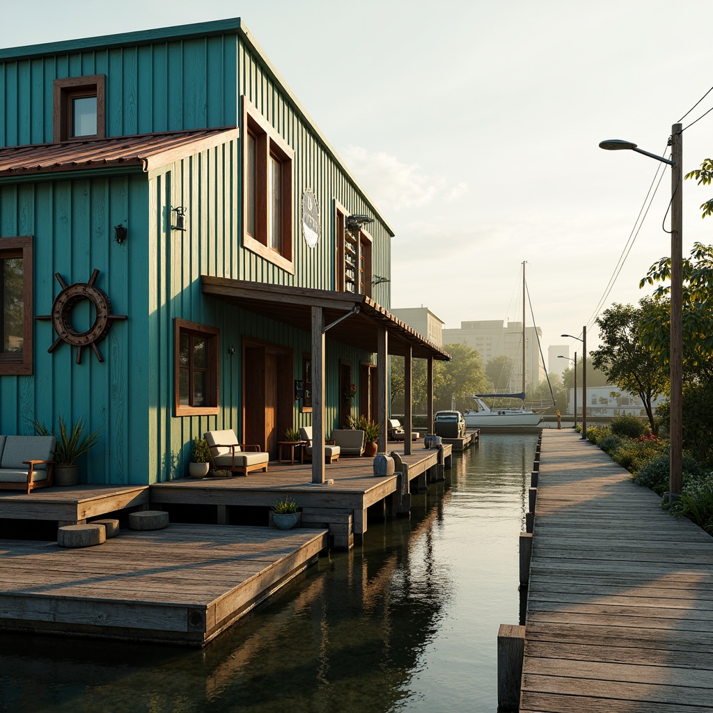 Prompt: Waterfront location, urban boathouse design, industrial chic style, weathered wooden decks, corrugated metal roofs, rustic nautical elements, distressed wood accents, vintage sailing memorabilia, rich turquoise hues, deep navy blues, warm beige tones, soft golden lighting, misty morning atmosphere, shallow depth of field, 1/1 composition, realistic textures, ambient occlusion.