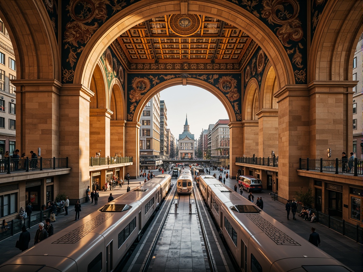 Prompt: Grand metropolitan hub, bustling city life, ornate archways, majestic Romanesque columns, intricate stone carvings, vaulted ceilings, warm golden lighting, richly patterned mosaics, sleek modern trains, futuristic rail systems, busy pedestrian traffic, urban landscapes, morning rush hour atmosphere, shallow depth of field, 1/2 composition, symmetrical framing, high-contrast colors, realistic textures, ambient occlusion.