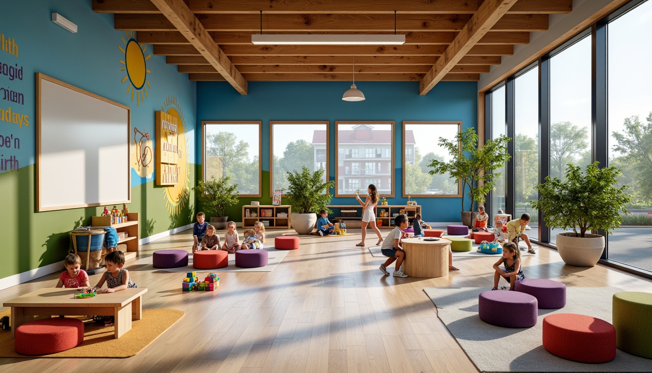 Prompt: Vibrant kindergarten, playful learning zones, colorful murals, interactive whiteboards, educational toys, building blocks, soft cushions, rounded tables, natural wood accents, floor-to-ceiling windows, abundant greenery, inspiring quotes, gentle lighting, shallow depth of field, 1/1 composition, panoramic view, realistic textures, ambient occlusion.