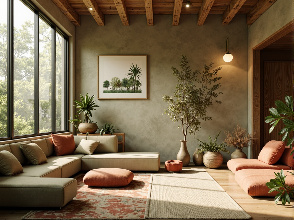 Prompt: Earthy olive tones, muted sage greens, warm terracotta reds, soft sandy beiges, weathered wooden accents, natural linen textures, organic free-form shapes, whimsical botanical illustrations, airy open spaces, warm golden lighting, shallow depth of field, 1/2 composition, realistic earthy materials, ambient occlusion.