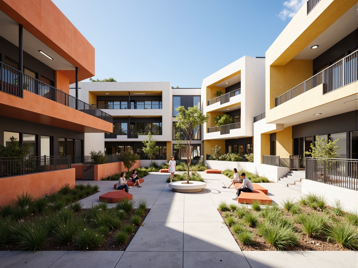 Prompt: Vibrant high school courtyard, dynamic architectural forms, irregular shapes, bold color schemes, textured concrete walls, sleek metal railings, open-air amphitheaters, collaborative learning spaces, flexible seating arrangements, interactive whiteboards, minimalist decor, abundant natural light, soft shadows, 3/4 composition, low-angle shot, subtle camera movement, realistic rendering, ambient occlusion.