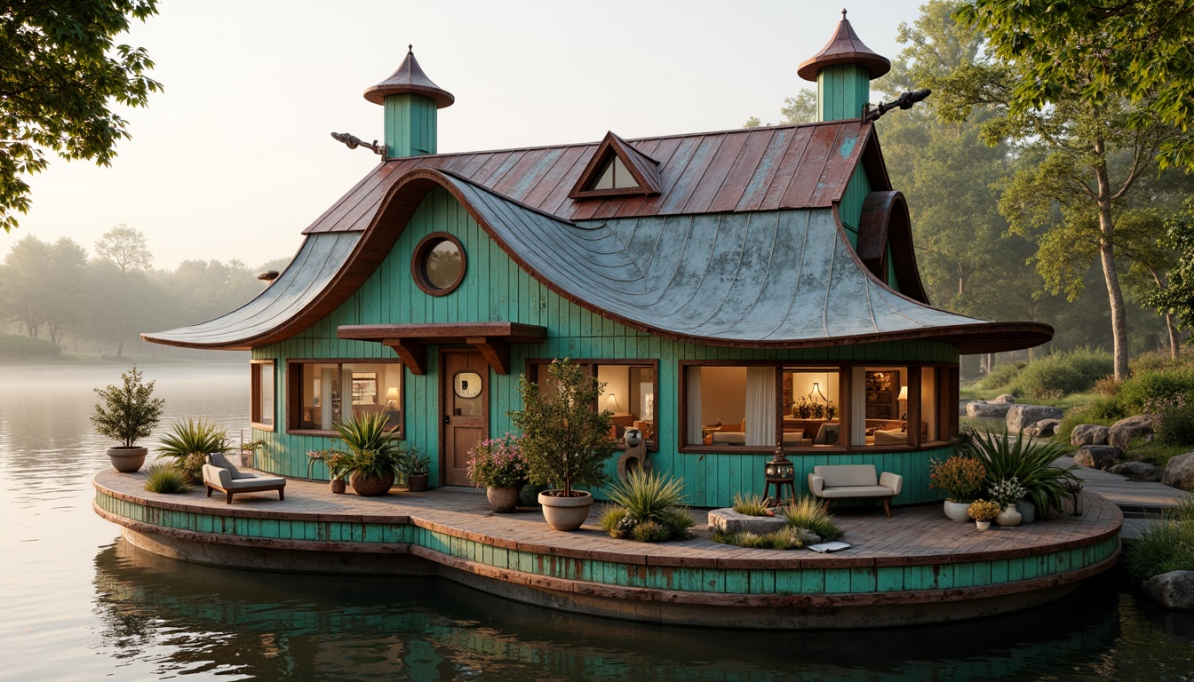 Prompt: Whimsical boathouse, eclectic roof design, rusty metal accents, distressed wood textures, vintage nautical decorations, curved lines, asymmetrical shapes, playful color palette, turquoise hues, cream tones, weathered copper details, porthole windows, lantern-inspired lighting, lush greenery, overhanging plants, waterfront location, serene lake views, misty morning atmosphere, warm golden light, shallow depth of field, 1/2 composition, soft focus effect, realistic water reflections.