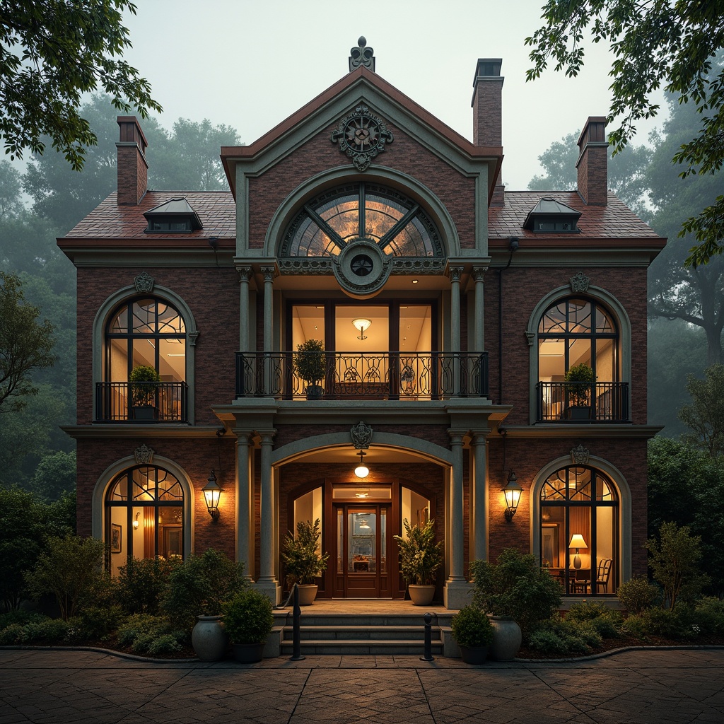 Prompt: Grandiose mansion, ornate fa\u00e7ade, intricate stone carvings, Gothic arches, delicate ironwork, stained glass windows, majestic entrance, sweeping staircases, lavish balconies, rustic brick walls, aged copper roofing, mystical forest surroundings, misty morning atmosphere, warm golden lighting, shallow depth of field, 1/1 composition, dramatic low-angle shot, rich textures, ambient occlusion.