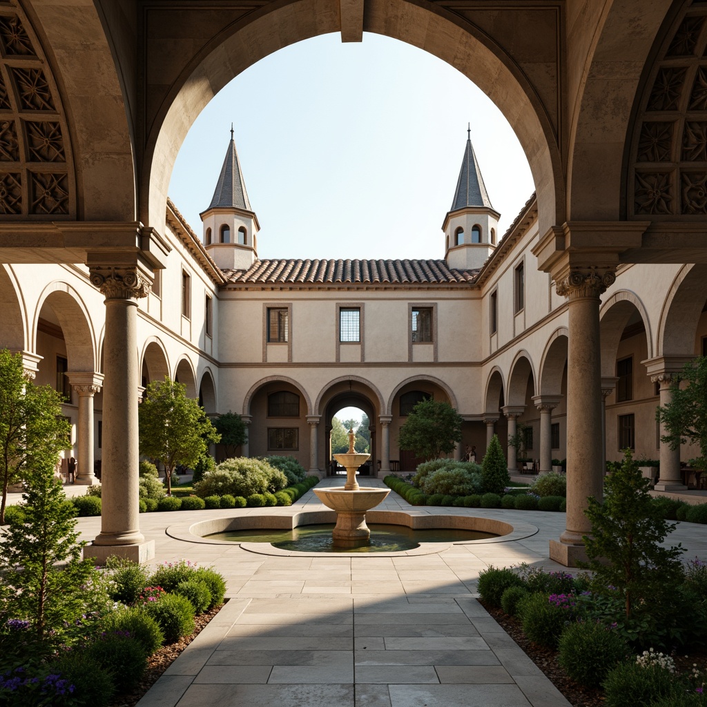 Prompt: Serene monastery courtyard, symmetrical archways, identical twin towers, harmonious stone carvings, repeating column patterns, balanced fountain design, reflective pool water, lush greenery, vibrant flowers, peaceful atmosphere, warm soft lighting, shallow depth of field, 1/1 composition, central axis symmetry, realistic textures, ambient occlusion.