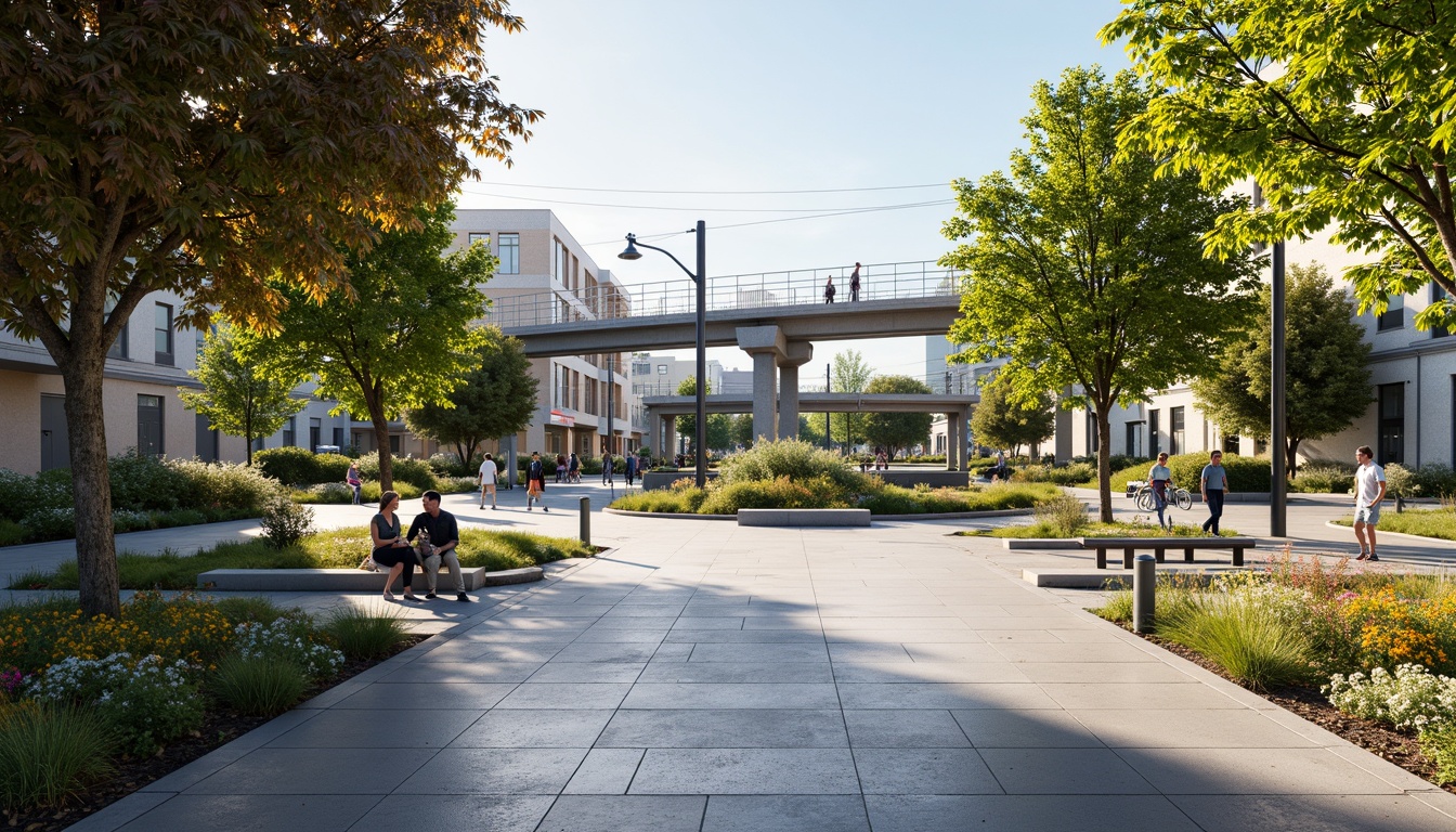 Prompt: Urban tram station, modern landscape design, lush greenery, vibrant flowers, pedestrian pathways, public seating areas, decorative lighting, steel benches, concrete planters, urban trees, bike racks, pedestrian bridges, modern signage, accessible ramps, wheelchair-friendly infrastructure, sunny day, soft warm lighting, shallow depth of field, 3/4 composition, panoramic view, realistic textures, ambient occlusion.Let me know if you need any adjustments!