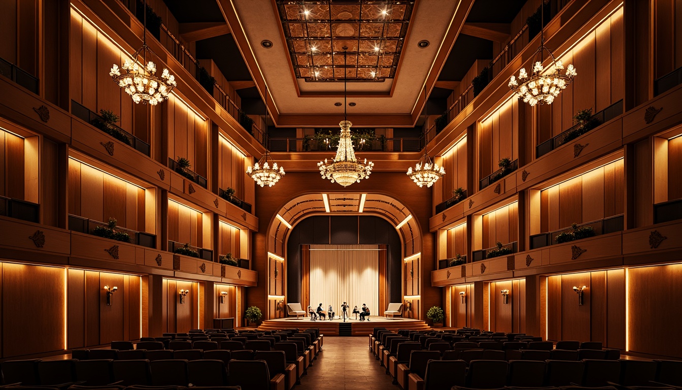 Prompt: Acoustic concert hall, rich wood tones, polished metal accents, velvety drapery, plush seating, ornate chandeliers, intricate stonework, grandiose architecture, sweeping curves, dramatic lighting, warm golden hues, luxurious textiles, refined materiality, elegant minimalism, state-of-the-art sound systems, precision-engineered acoustics, intimate performance spaces, dramatic stage presence, softbox lighting, subtle shadowing, 1/2 composition, realistic reflections.