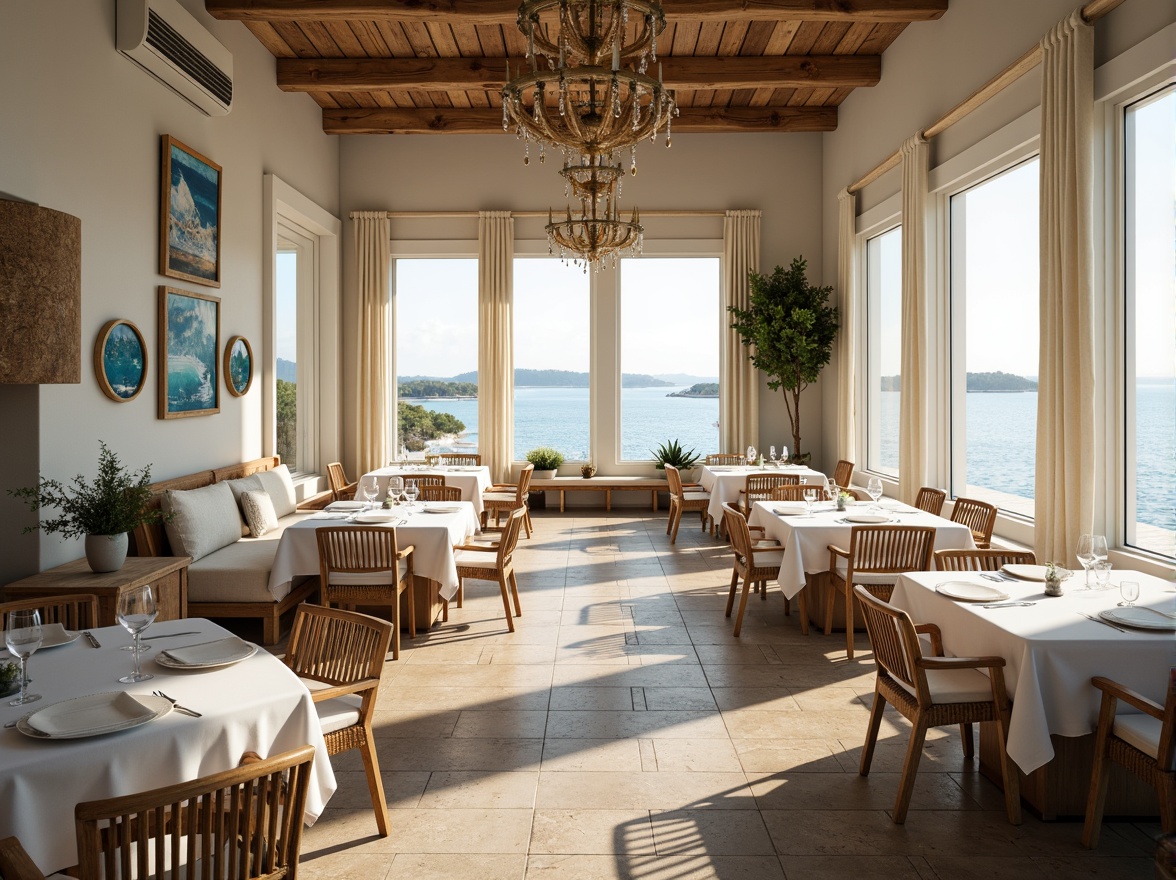 Prompt: Calming coastal dining hall, soft ocean breeze, natural wood accents, driftwood furniture, nautical rope details, crisp white linens, sea-salt color palette, ocean-inspired artwork, wave-patterned flooring, glass chandeliers, warm beachy lighting, shallow depth of field, 1/1 composition, realistic textures, ambient occlusion, subtle ocean views, refreshing ambiance.