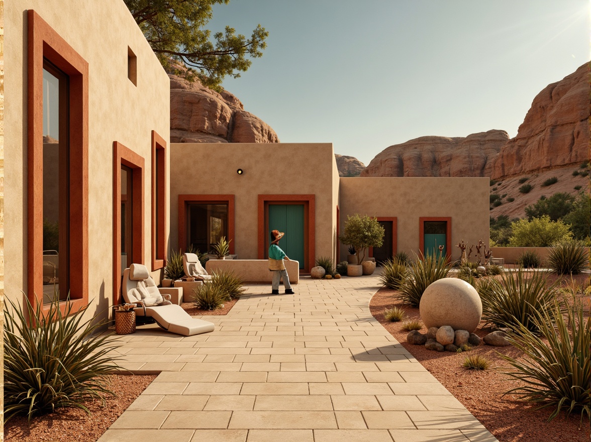 Prompt: Earthy tones, sandy beige walls, terracotta red accents, turquoise blue highlights, weathered metal textures, rusty orange hues, sun-bleached wood elements, cactus-inspired patterns, Southwestern geometric motifs, warm golden lighting, soft gradient effects, 3D rendered stone surfaces, realistic rock formations, arid landscape vistas, vast open spaces, modern minimalist design, innovative transportation systems, futuristic architectural details.