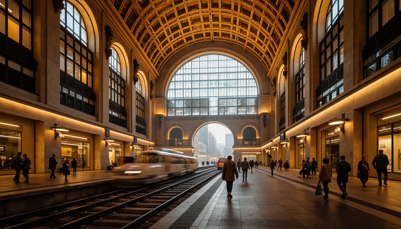 Prompt: Grand metro station, Romanesque archways, ornate carvings, vaulted ceilings, stone columns, intricate mosaics, warm golden lighting, bustling urban atmosphere, modern transportation hub, sleek trains, stainless steel rails, busy commuters, pedestrian walkways, underground tunnels, atmospheric fog effects, soft focus blur, 1/2 composition, cinematic mood, realistic textures, ambient occlusion.