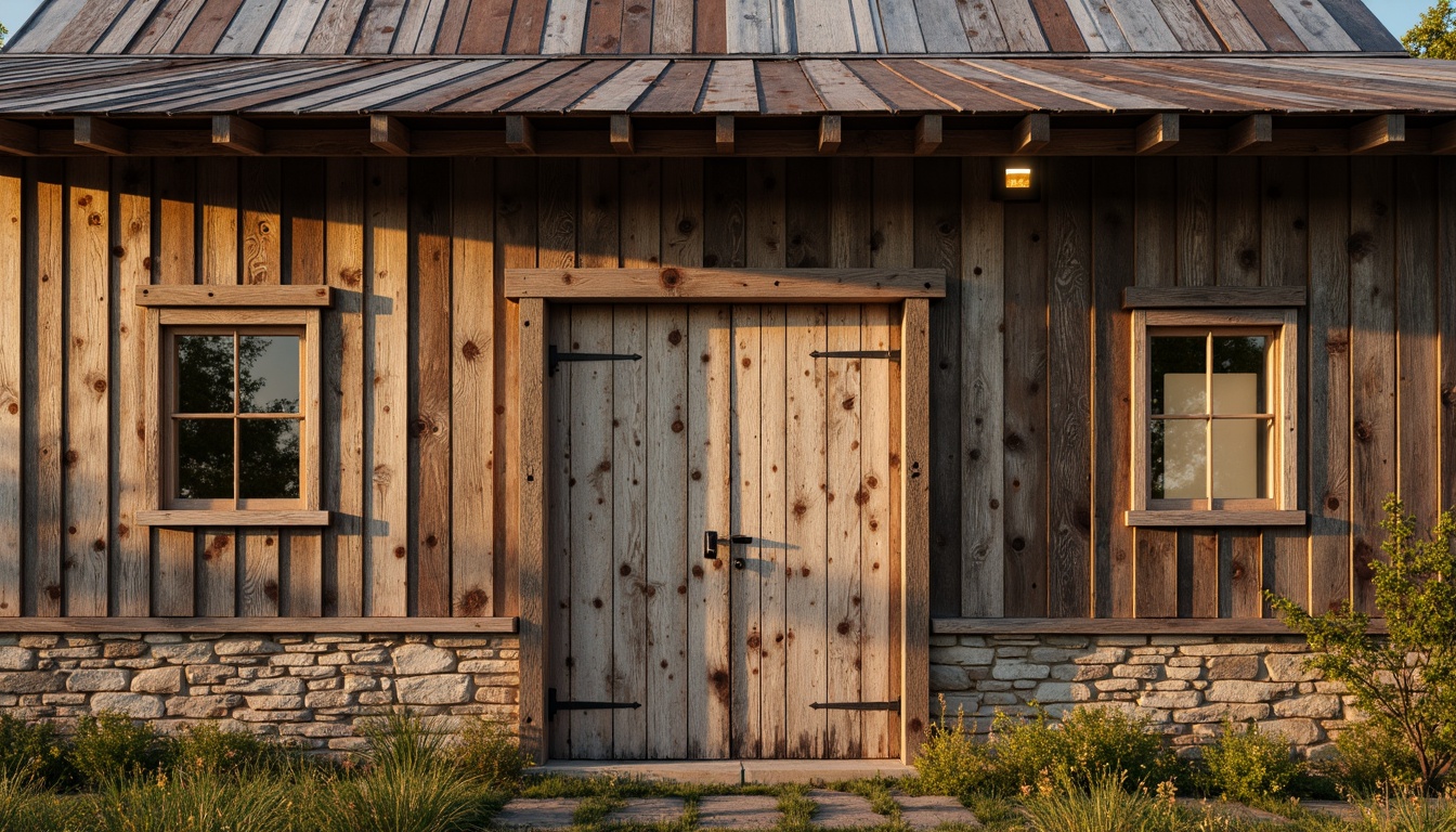 Prompt: Rustic barn, weathered wooden planks, earthy color palette, muted brown tones, soft beige accents, natural stone foundation, vintage metal roofing, distressed textures, warm golden lighting, dramatic shadows, shallow depth of field, 1/2 composition, symmetrical framing, realistic wood grains, ambient occlusion.