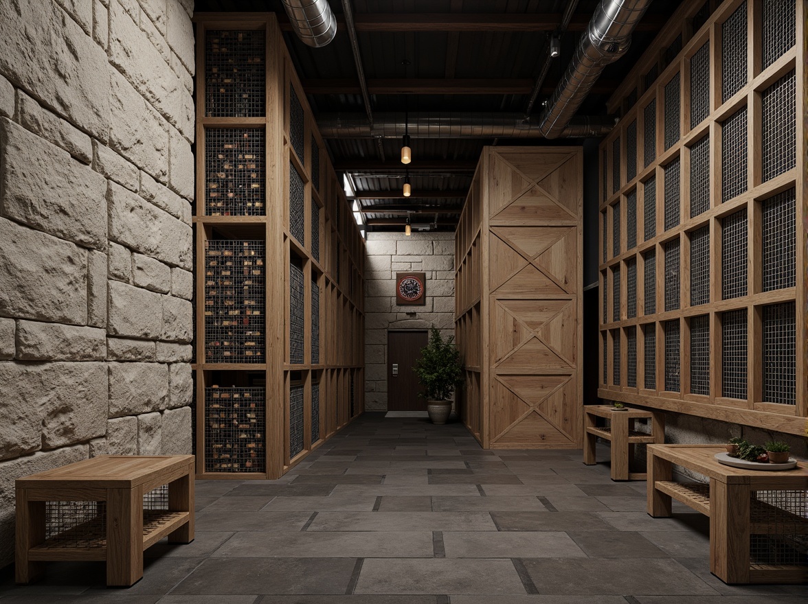 Prompt: Rough stone walls, distressed wood accents, metallic grids, industrial pipes, exposed brick, natural rock formations, earthy tones, organic shapes, geometric patterns, tactile experiences, immersive environments, atmospheric lighting, shallow depth of field, realistic renderings, detailed normal maps, high-poly models, subtle material variations, weathered surfaces, aged patinas.