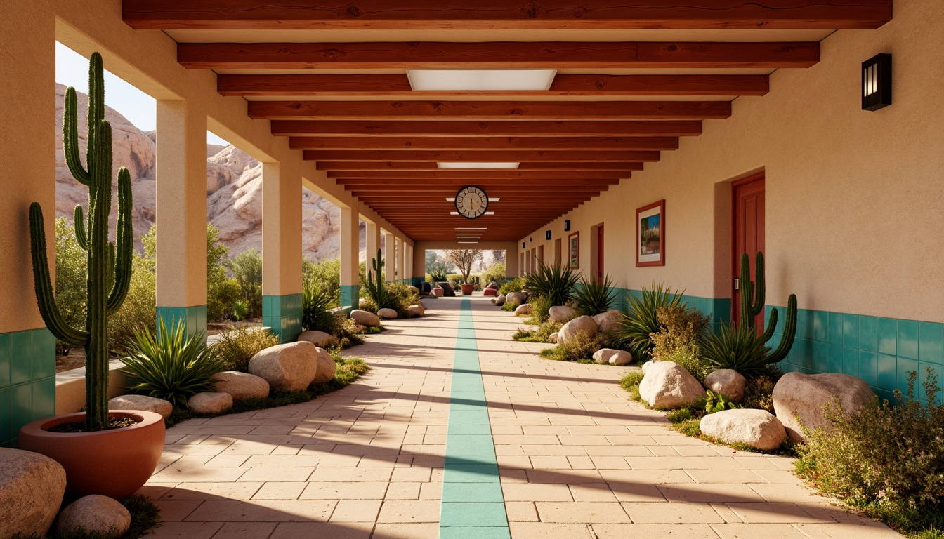 Prompt: Desert-inspired metro station, warm beige walls, sandy brown floors, terracotta red accents, turquoise glass tiles, vibrant cactus greenery, natural rock formations, earthy textures, rustic metal fixtures, ambient warm lighting, shallow depth of field, 3/4 composition, panoramic view, realistic renderings, subtle gradient effects.