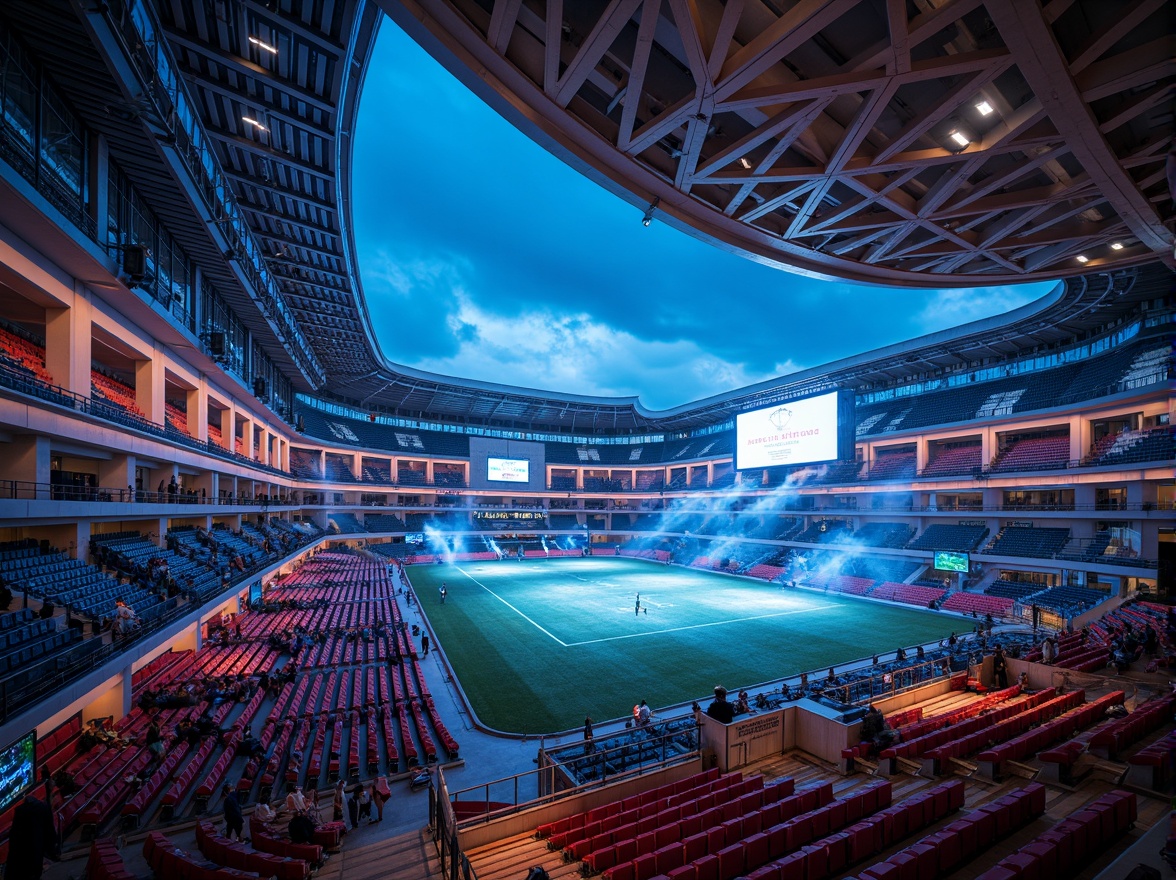 Prompt: Modern stadium, curved rows of seats, dynamic LED lighting, futuristic architecture, tiered spectator sections, cantilevered balconies, sleek metal handrails, ergonomic seating design, vibrant team color schemes, atmospheric misting systems, shallow depth of field, 1/2 composition, low-angle shot, realistic textures, ambient occlusion.