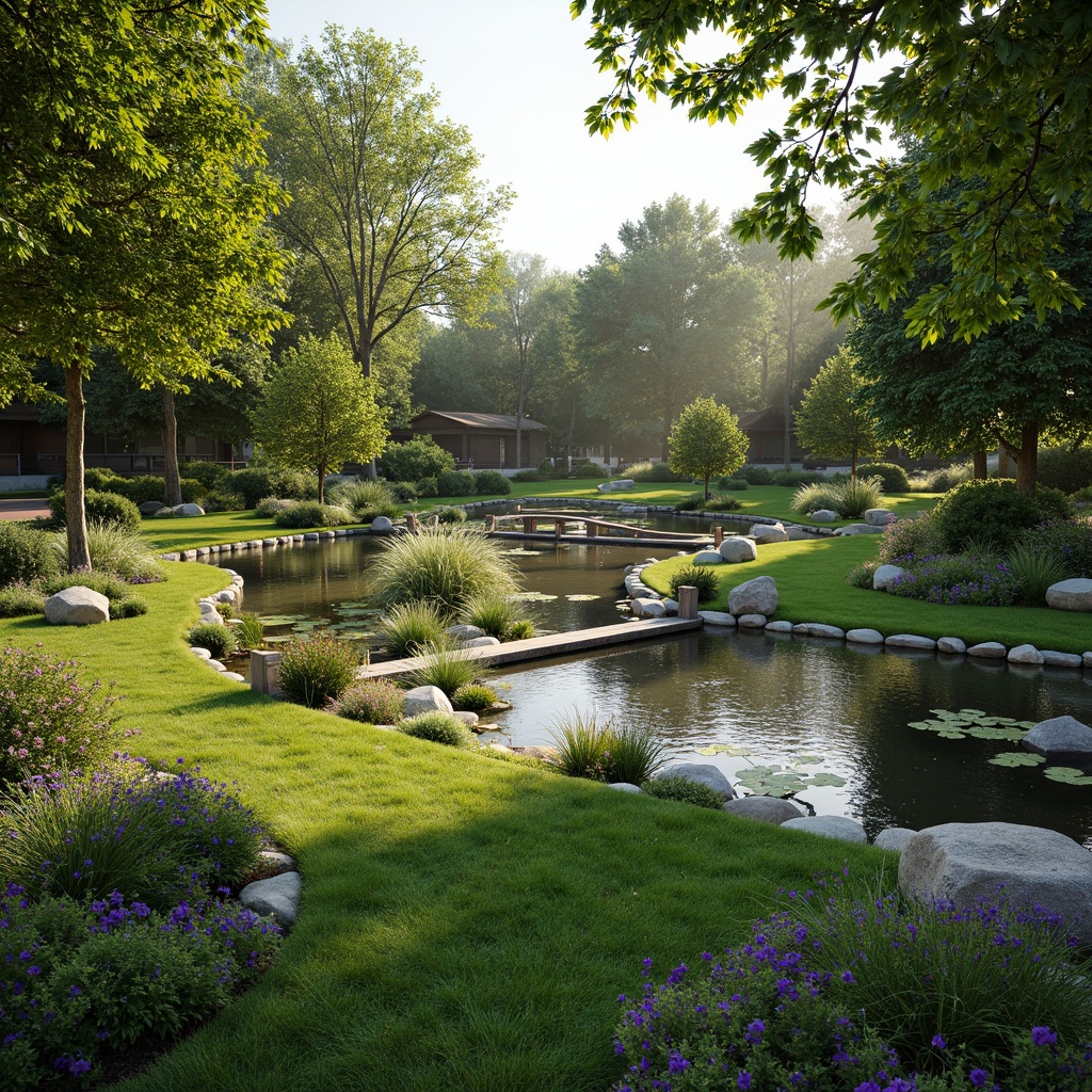 Prompt: Soothing natural landscape, lush green grass, vibrant flowers, serene water features, gentle streams, peaceful ponds, rustic wooden bridges, meandering stone pathways, ornamental plants, colorful blooms, subtle fragrance, soft morning sunlight, warm afternoon glow, 1/1 composition, intimate focus, realistic textures, ambient occlusion.