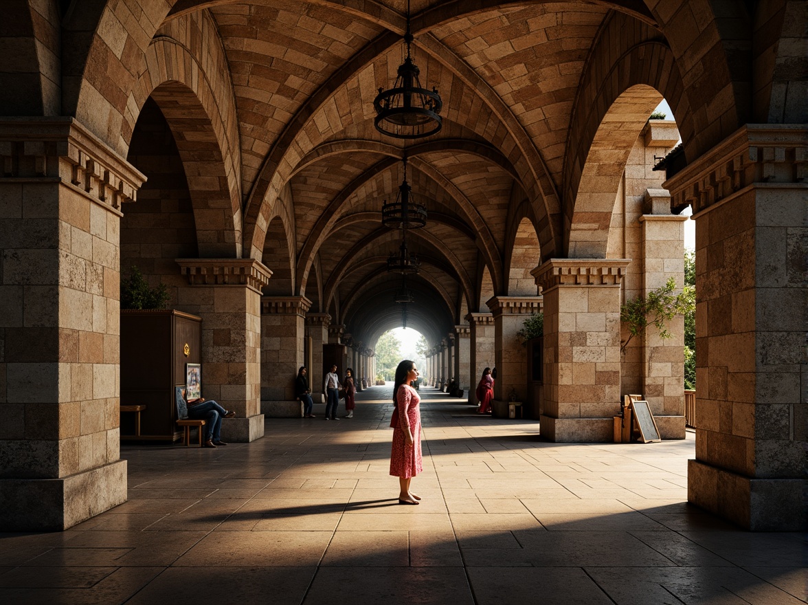 Prompt: Rustic metro station, rough-hewn stone walls, arched vaulted ceilings, ornate carvings, grandiose entranceways, heavy stone columns, Romanesque Revival architecture, intricate stonework patterns, earthy color palette, warm ambient lighting, dramatic shadows, 1/2 composition, low-angle shot, realistic textures, ambient occlusion.