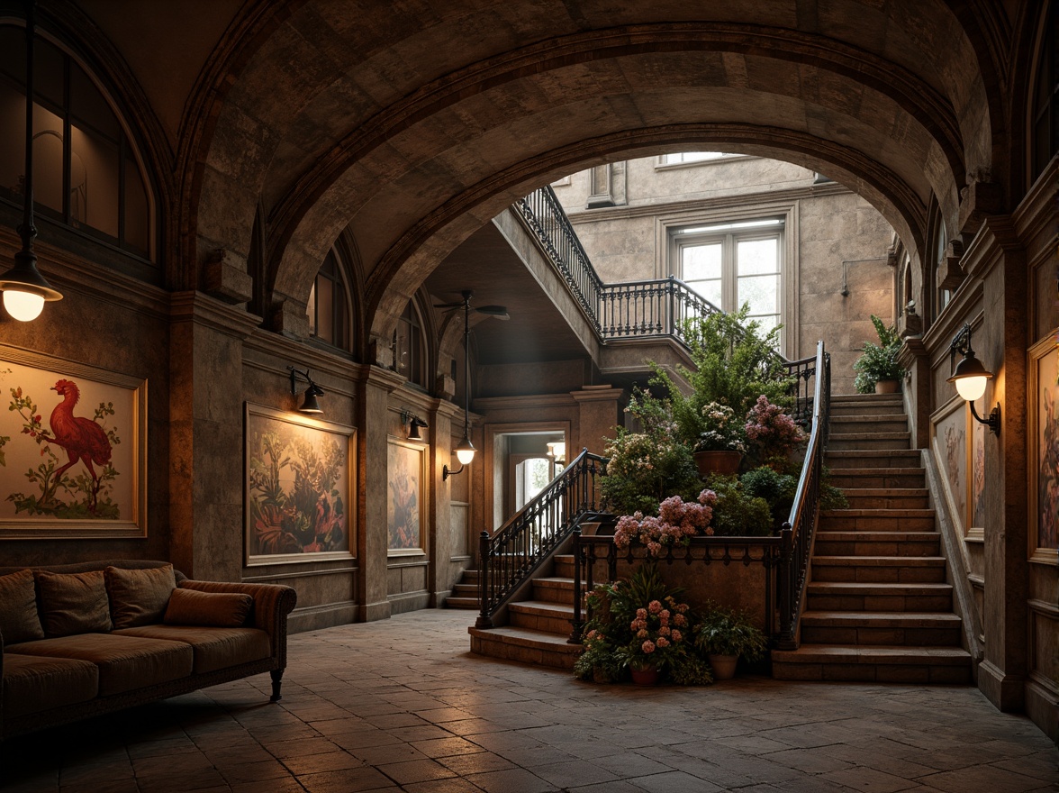 Prompt: Rustic underground metro station, Romanesque arches, ornate stonework, rugged brick walls, vaulted ceilings, grand staircases, intricate carvings, robust columns, earthy color palette, warm lighting, dramatic shadows, atmospheric misting, cinematic composition, heroic camera angles, detailed textures, realistic ambient occlusion.