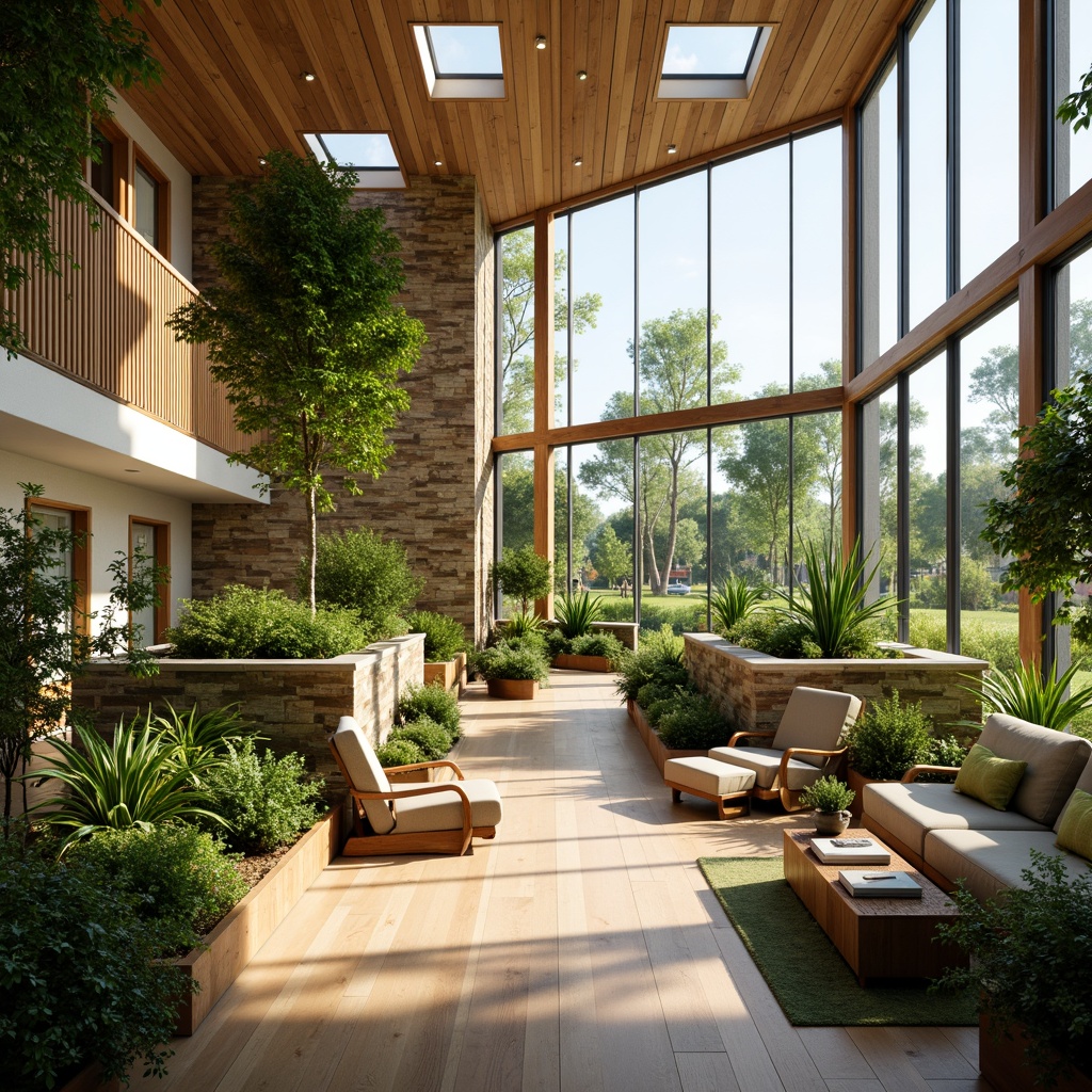 Prompt: Vibrant modern interior, floor-to-ceiling windows, natural stone walls, wooden floors, cozy reading nooks, greenery-filled planters, soft warm lighting, indirect sunlight, clerestory windows, skylights, solar tubes, ambient occlusion, 1/1 composition, shallow depth of field, realistic textures, bright airy atmosphere, organic shapes, eco-friendly materials, minimal decor, nature-inspired color palette.