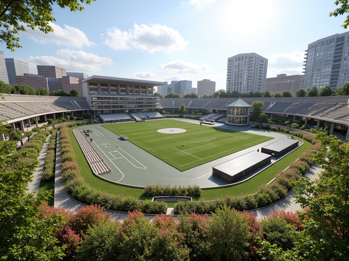 Prompt: Panoramic stadium views, lush green roofs, vibrant flower arrangements, natural stone fa\u00e7ades, curved lines, modern architecture, sleek metal structures, transparent glass walls, open-air concourses, tiered seating areas, athletic tracks, sports facilities, recreational spaces, integrated landscape design, native plant species, eco-friendly materials, sustainable water management systems, energy-efficient lighting, misting systems, warm sunny days, shallow depth of field, 3/4 composition, realistic textures, ambient occlusion.