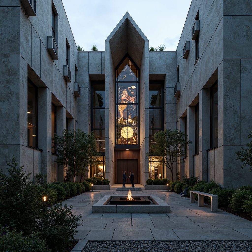 Prompt: Rugged brutalist church, raw concrete walls, fortress-like fa\u00e7ade, imposing columns, chunky stone foundations, dramatic cantilevered rooflines, minimalist windows, industrial metal doors, sacred symbols, geometric patterns, atmospheric stained glass, eerie ambient lighting, high contrast shadows, 1/1 composition, symmetrical framing, cinematic wide-angle lens, detailed textures, realistic weathering effects.