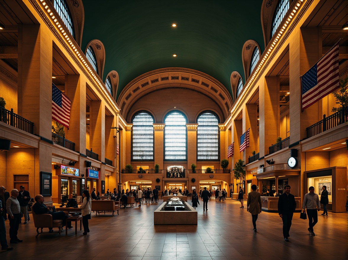 Prompt: Grandiose train station, ornate fa\u00e7ade, golden accents, intricate stonework, sweeping arches, grand chandeliers, luxurious furnishings, velvet drapes, polished marble floors, gilded railings, ornate clock towers, dramatic lighting, warm color palette, rich textures, 1/2 composition, shallow depth of field, realistic reflections, ambient occlusion, grand entrance halls, opulent waiting areas, majestic staircases, vintage luggage carts, elegant passenger lounges.