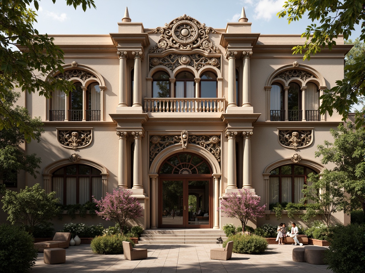 Prompt: Ornate dental clinic facade, Renaissance-style architecture, intricately carved stonework, ornamental cornices, grand entranceways, decorative pilasters, symmetrical composition, rusticated base, arched windows, stained glass details, classical columns, soft warm lighting, shallow depth of field, 1/2 composition, realistic textures, ambient occlusion, inviting outdoor seating areas, lush greenery, blooming flowers.