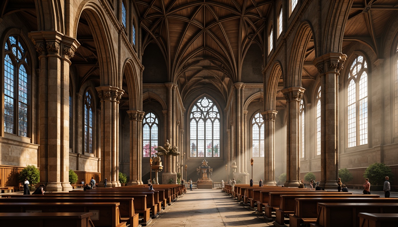 Prompt: Gothic cathedral, intricately carved stonework, stained glass windows, sustainable reclaimed wood beams, eco-friendly copper roofing, natural lime mortar, ornate steel trusses, organic curved lines, pointed arches, ribbed vaults, flying buttresses, grandeur scale, misty morning light, warm golden illumination, shallow depth of field, 1/2 composition, symmetrical framing, realistic textures, ambient occlusion.