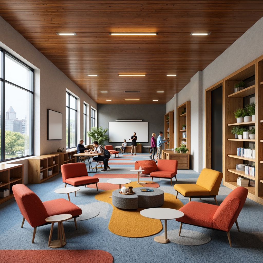 Prompt: Cozy student lounge, modern minimalist furniture, wooden accents, vibrant color schemes, ergonomic chairs, collaborative workstations, interactive whiteboards, floor-to-ceiling windows, natural light, open shelving units, compact storage solutions, modular sofas, plush carpets, warm LED lighting, 1/1 composition, soft focus, realistic textures.