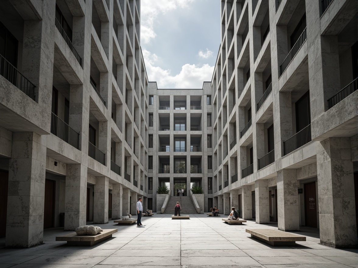 Prompt: Monumental university building, brutalist architecture, raw concrete textures, geometric patterns, angular lines, bold columns, minimalist details, grand entrance, symmetrical composition, natural light, soft shadows, 1/1 ratio, high contrast, cinematic mood, atmospheric perspective, Constructivist inspiration, avant-garde spirit, Soviet-era influence, industrial materials, functional simplicity.