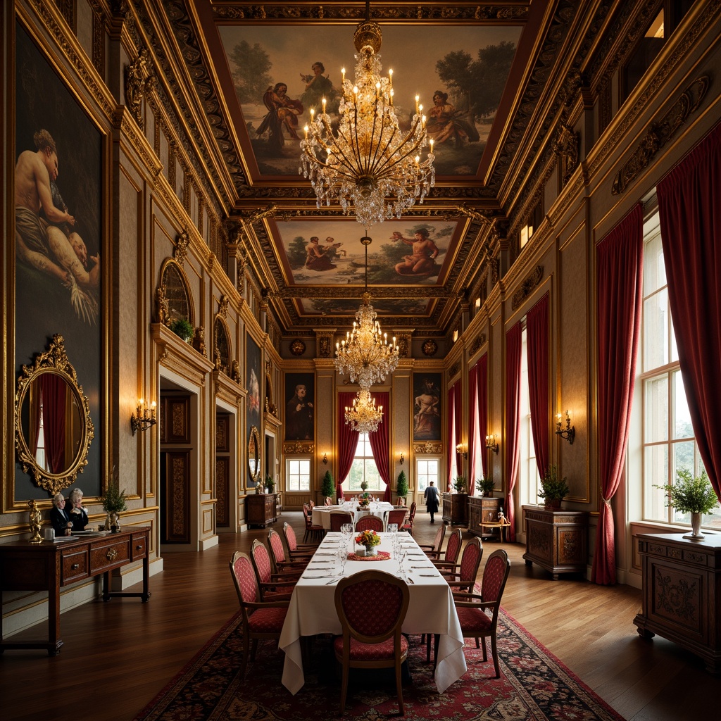 Prompt: Ornate Baroque dining hall, richly decorated ceiling, intricate moldings, gilded details, crystal chandeliers, fresco paintings, vaulted arches, ornamental columns, luxurious fabrics, velvet drapes, golden accents, dramatic lighting, soft warm glow, shallow depth of field, 1/1 composition, realistic textures, ambient occlusion.