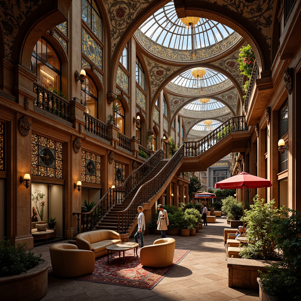 Prompt: Intricate hospitality building, ornate metalwork, flowing organic lines, sinuous curves, lavish decorations, grand staircases, ornamental railings, rich wood paneling, stained glass windows, vibrant mosaics, plush furnishings, luxurious textiles, warm golden lighting, soft focus, shallow depth of field, 2/3 composition, dramatic perspective, realistic reflections, ambient occlusion.