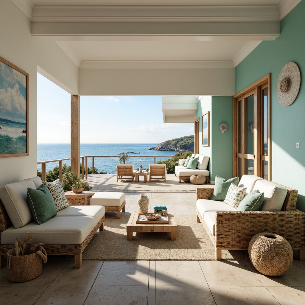 Prompt: Calming ocean views, nautical themed decor, driftwood accents, sandy beige floors, soft blue-green walls, crisp white ceilings, natural textures, woven rattan furniture, coral-inspired patterns, shell-adorned accessories, sunny day, warm soft lighting, shallow depth of field, 3/4 composition, panoramic view, realistic textures, ambient occlusion.