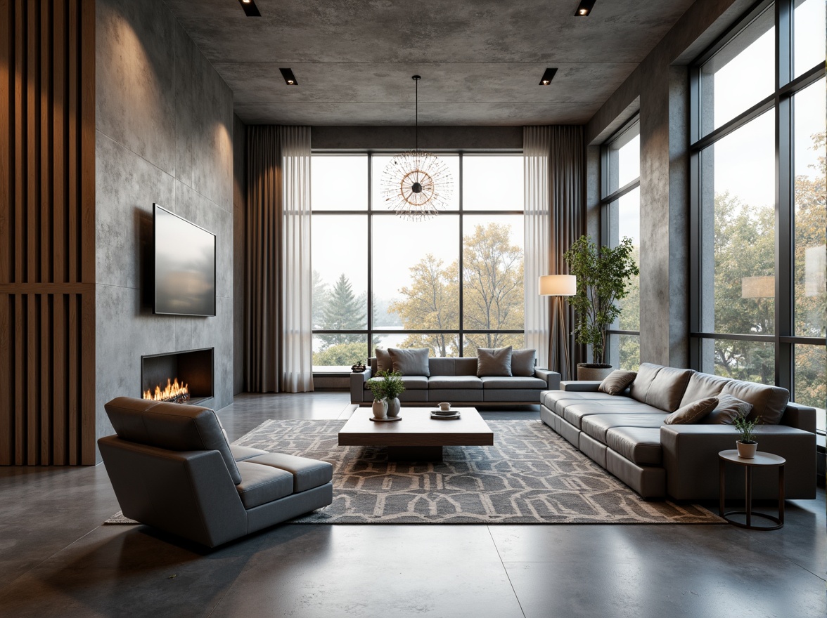 Prompt: Modern minimalist living room, sleek low-profile furniture, polished concrete floors, floor-to-ceiling windows, natural light pouring in, urban loft-inspired decor, industrial-chic metal accents, geometric patterned rugs, monochromatic color scheme, ambient warm lighting, 1/1 composition, shallow depth of field, realistic textures, subtle shadows.