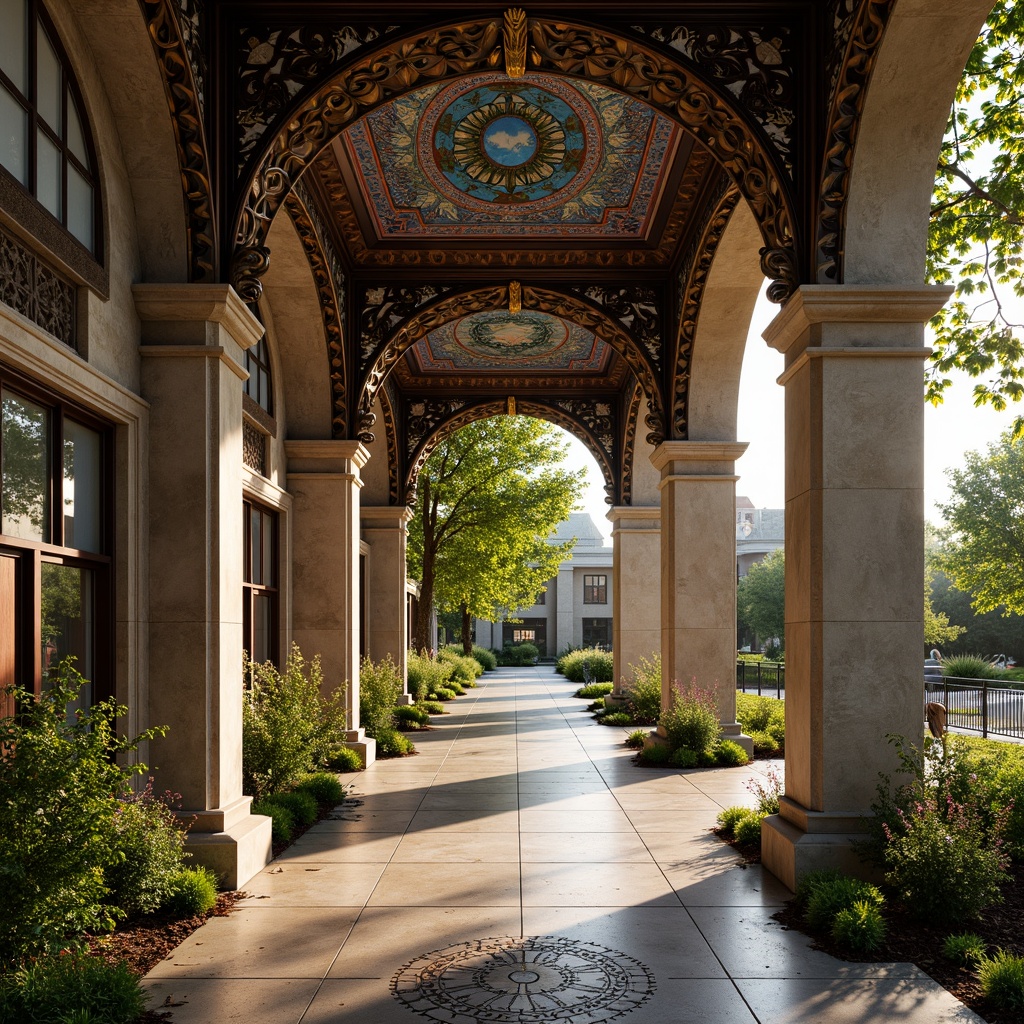 Prompt: Intricate ironwork, flowing organic lines, ornate facades, grand entranceways, majestic stone columns, stained glass windows, vibrant colorful mosaics, lush greenery, blooming flowers, winding pathways, serene campus atmosphere, warm natural light, soft focus, shallow depth of field, 3/4 composition, realistic textures, ambient occlusion.