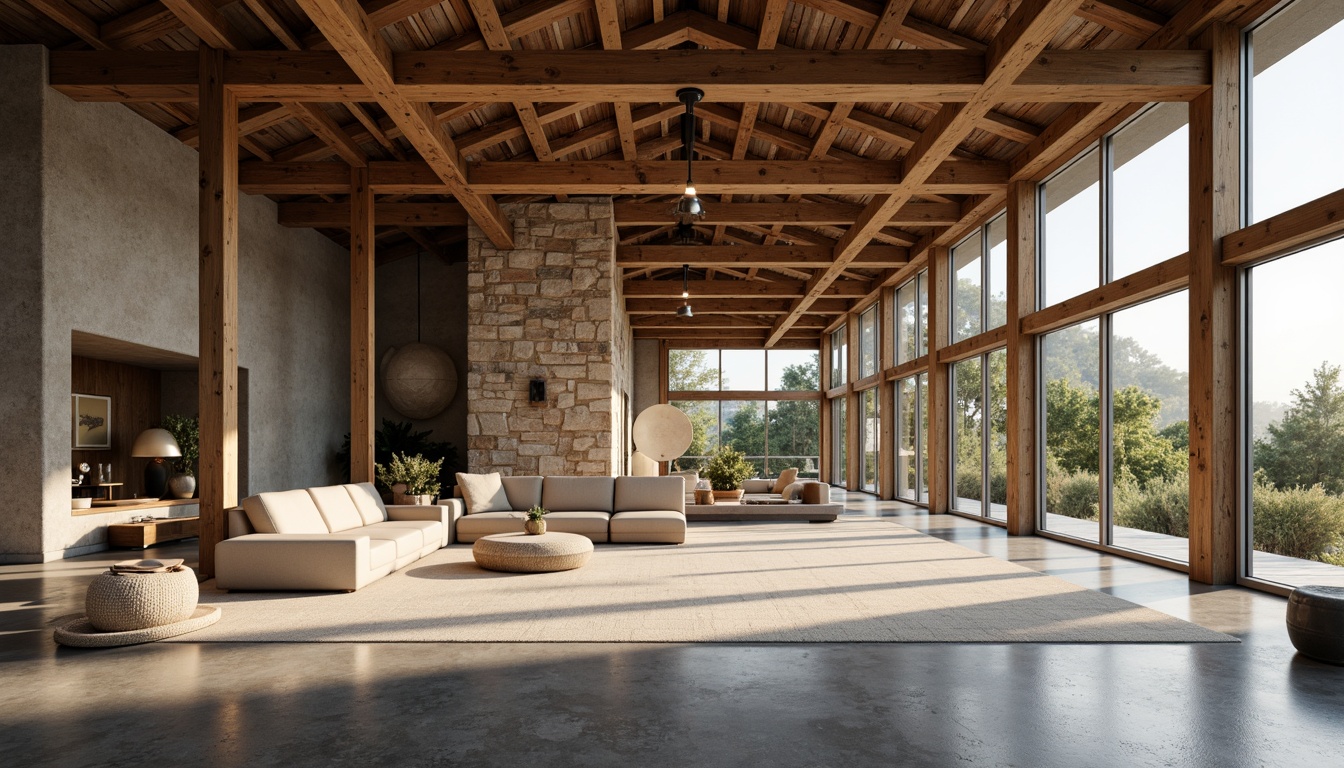 Prompt: Rustic wooden accents, rough-hewn stone walls, industrial metal beams, polished concrete floors, sleek glass facades, natural linen textiles, earthy color palette, organic forms, brutalist architecture, modern minimalist design, abundant natural light, soft warm glow, shallow depth of field, 1/1 composition, realistic textures, ambient occlusion.