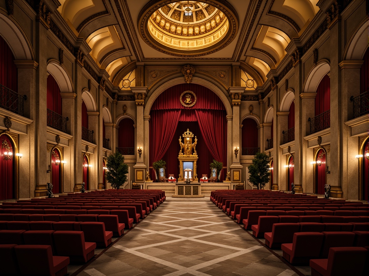 Prompt: Grand auditorium, ornate arches, Romanesque columns, rusticated stonework, vaulted ceilings, intricate carvings, warm golden lighting, polished marble floors, crimson red velvet curtains, gilded decorative accents, regal thrones, majestic chandeliers, symmetrical composition, dramatic shadows, rich textures, atmospheric ambiance.