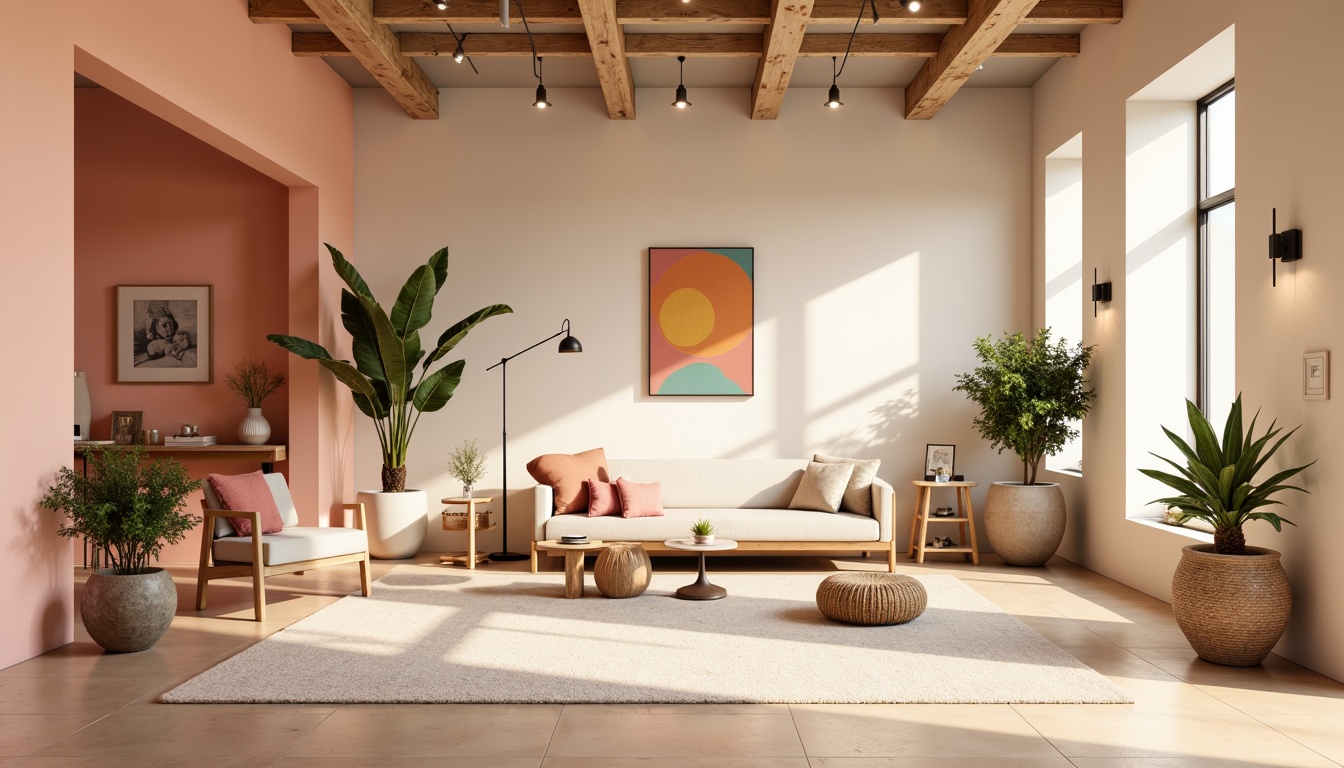 Prompt: Vibrant design studio, modern minimalist interior, pastel color scheme, soft peach tones, creamy whites, rich charcoal accents, warm golden lighting, natural textures, wooden furniture, geometric patterns, bold typography, 3/4 composition, shallow depth of field, realistic renderings, ambient occlusion.