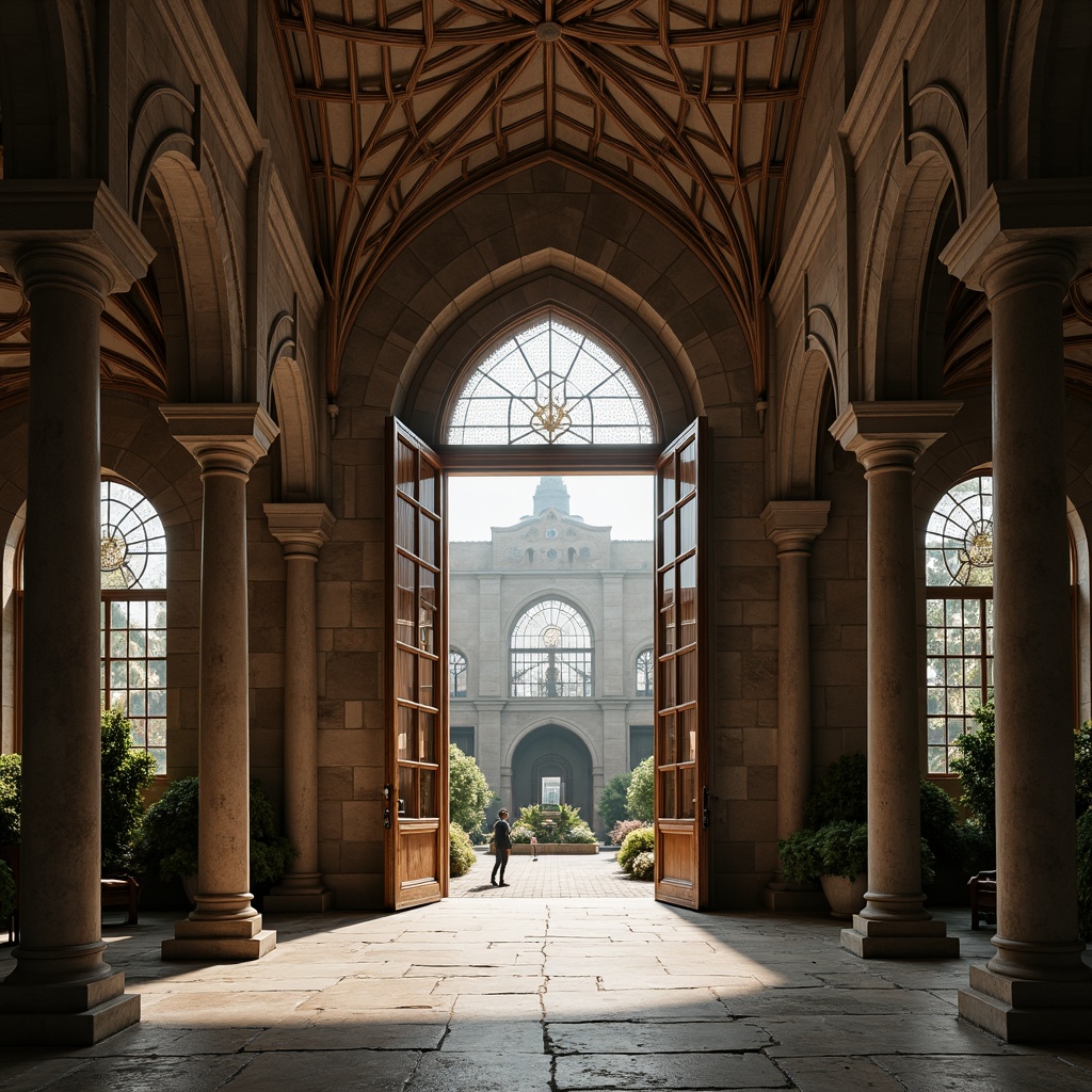 Prompt: Intricate stone carvings, ornate arches, grand entrance gates, ribbed vaulted ceilings, stained glass windows, majestic bell towers, serene cloisters, peaceful inner courtyards, rustic wooden doors, worn stone floors, soft warm lighting, atmospheric misting, 3/4 composition, symmetrical architecture, richly textured surfaces, subtle color palette, elegant simplicity.