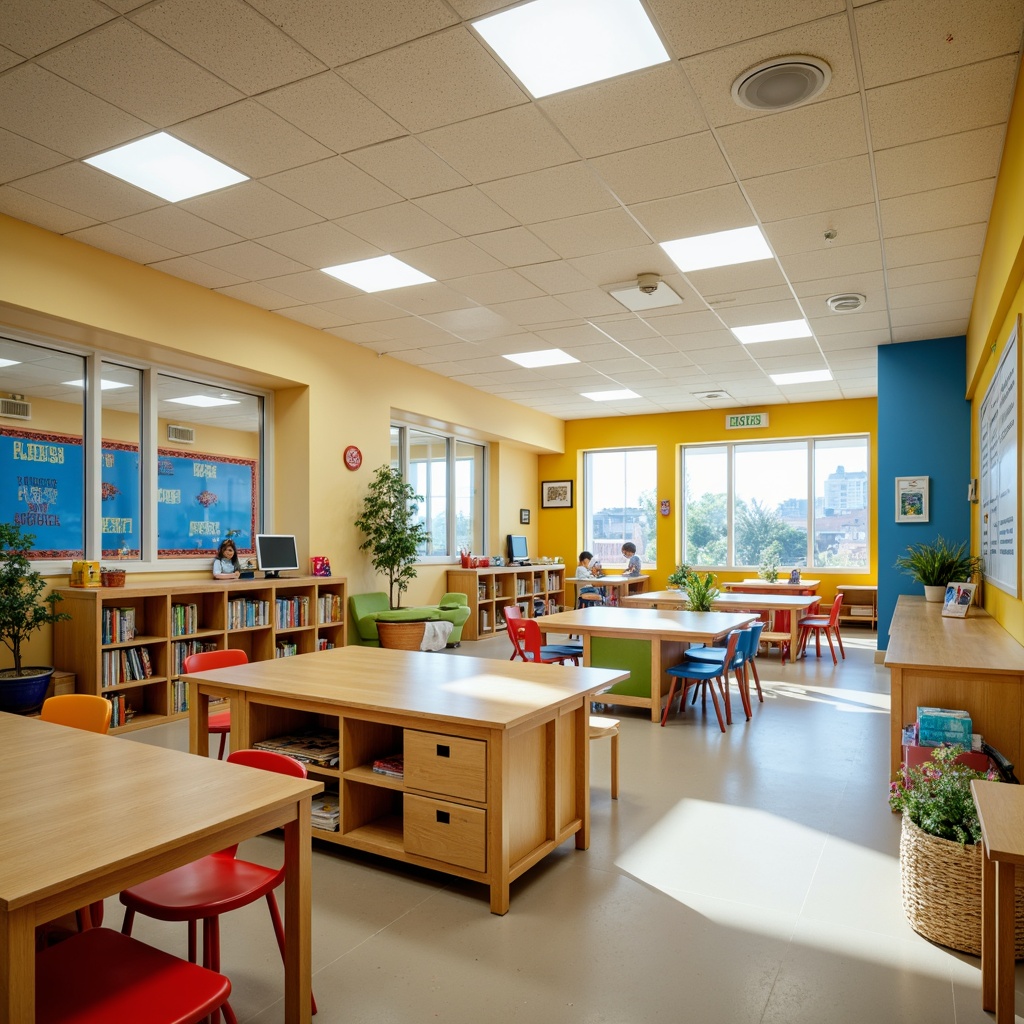 Prompt: Vibrant elementary school, playful color schemes, stimulating learning environments, warm beige walls, energetic blue accents, calming green corridors, dynamic yellow classrooms, inspirational quotes, educational graphics, modern furniture designs, durable flooring materials, natural light influx, softbox lighting, shallow depth of field, 3/4 composition, panoramic view, realistic textures, ambient occlusion.