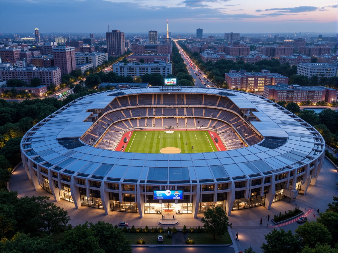 Prompt: Sleek stadium design, transparent fa\u00e7ade, glazed roof, open-air concourse, cantilevered upper tiers, exposed structural elements, natural ventilation systems, ample daylighting, minimal visual obstructions, unobstructed spectator views, dynamic LED lighting, futuristic atmosphere, urban landscape backdrop, bustling city surroundings, vibrant evening ambiance, shallow depth of field, 3/4 composition, panoramic view, realistic reflections.