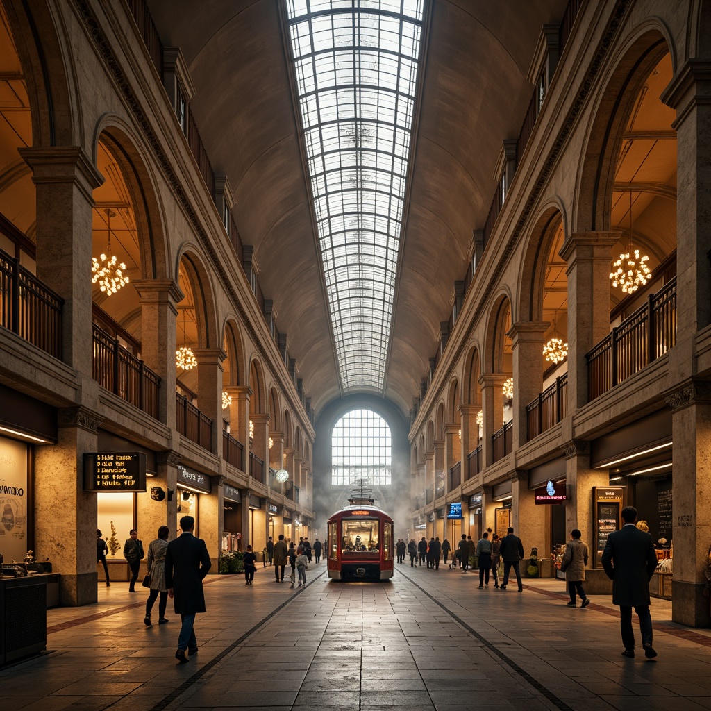 Prompt: Grand metro station, Romanesque archways, vaulted ceilings, ornate columns, intricate stone carvings, warm golden lighting, bustling urban atmosphere, modern transportation hub, sleek trains, busy commuters, natural stone floors, grand staircases, elegant chandeliers, large glass skylights, atmospheric mist, dramatic shadows, 1/2 composition, low-angle shot, realistic textures, ambient occlusion.