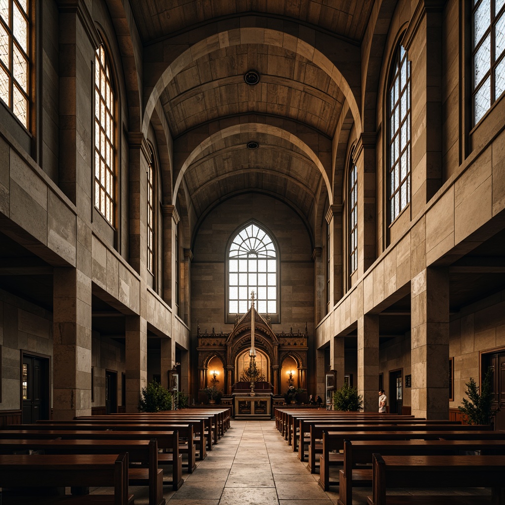 Prompt: Rugged church facade, raw concrete textures, brutalist architecture, bold geometric forms, exposed ductwork, industrial-style lighting, stained glass windows, dramatic vaulted ceilings, grandiose interior spaces, ornate wooden pews, intricate stone carvings, mystical ambiance, soft warm lighting, high contrast shadows, 1/2 composition, symmetrical framing, rich warm color palette, weathered stone walls, distressed metal accents, sacred symbols, spiritual atmosphere.