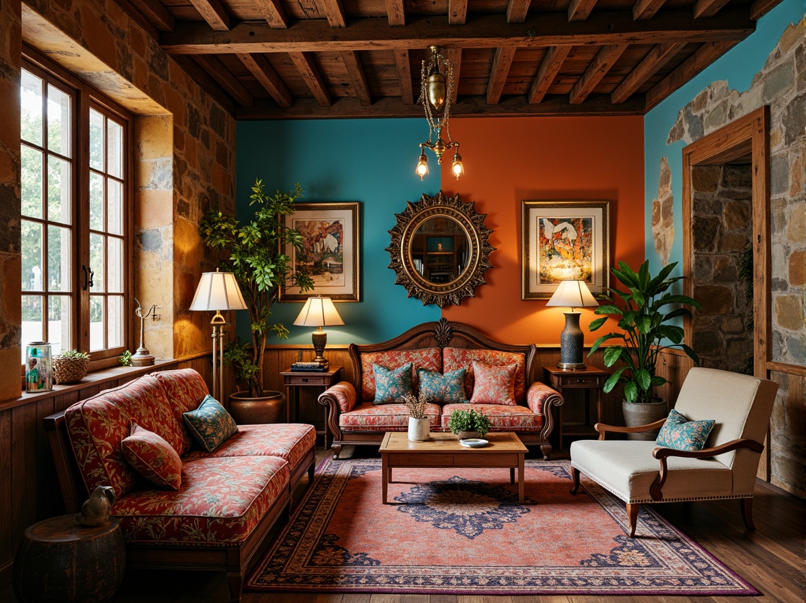 Prompt: Vibrant eclectic interior, bold color blocking, rich textiles, ornate furniture, mixed metallic accents, distressed wood tones, vintage decor, global-inspired patterns, lush greenery, natural stone walls, reclaimed wood floors, warm ambient lighting, soft focus, shallow depth of field, 2/3 composition, realistic textures, cinematic atmosphere.