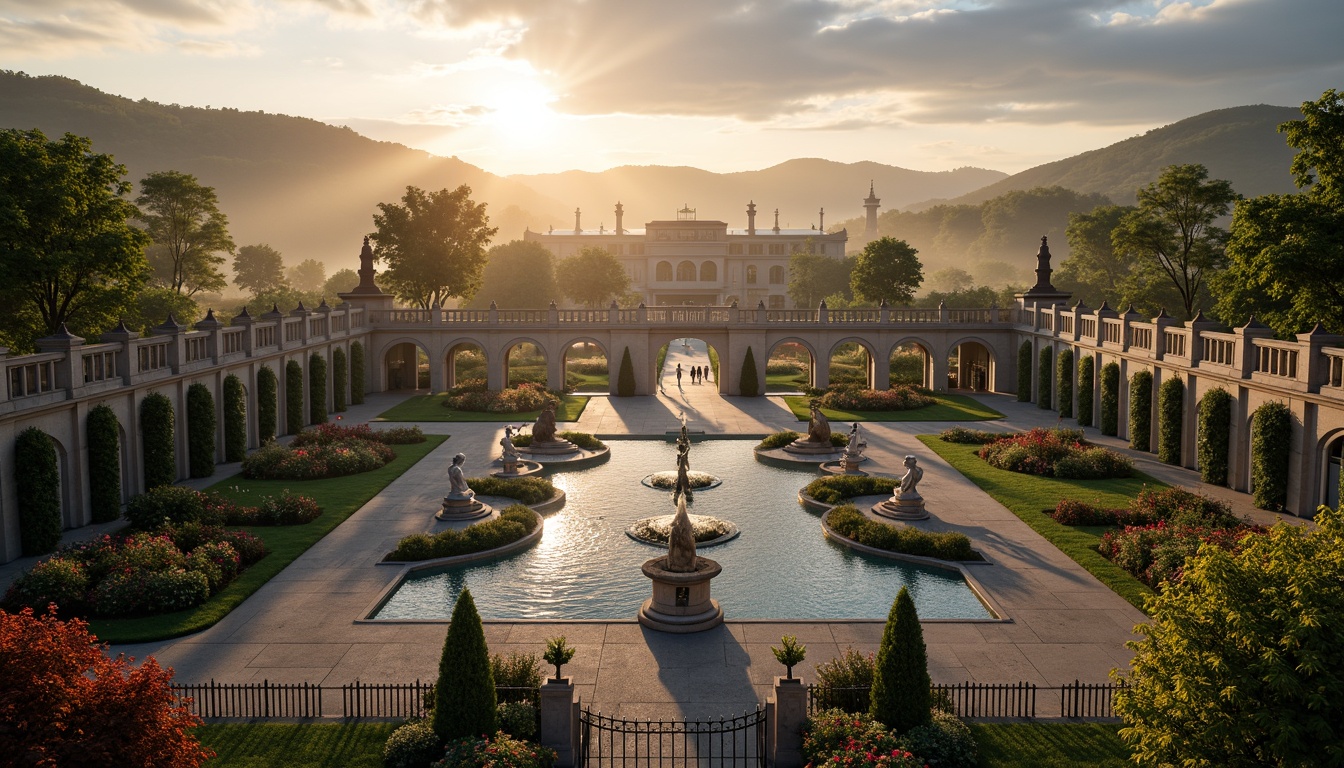 Prompt: Grandiose palace, ornate fountains, majestic statues, lush greenery, vibrant flowers, rolling hills, serpentine walkways, stone balustrades, intricately carved gates, dramatic lighting, warm sunset, soft misty atmosphere, shallow depth of field, 3/4 composition, panoramic view, realistic textures, ambient occlusion.