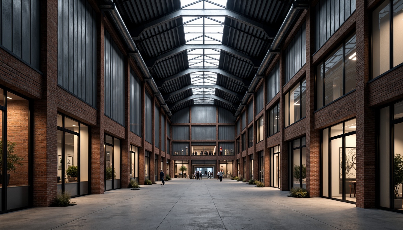 Prompt: Industrial warehouse, galvanized steel structure, fire brick facade, rustic metal cladding, exposed ductwork, concrete floors, high ceilings, industrial lighting, urban landscape, overcast sky, dramatic shadows, low-key lighting, 1/1 composition, close-up shot, realistic textures, ambient occlusion.