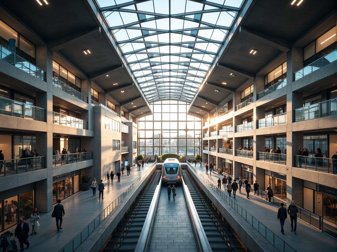 Prompt: Modern international railway station, sleek glass roof, natural light pouring in, LED lighting systems, minimalist fixtures, chrome accents, futuristic architecture, high ceilings, open spaces, grand stairs, escalators, moving walkways, bustling atmosphere, morning rush hour, warm color tones, soft shadows, 1/1 composition, realistic reflections, ambient occlusion.